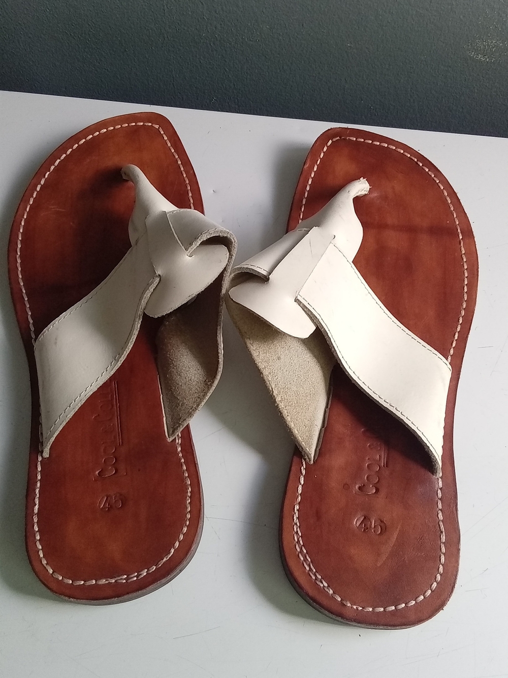 Cool & Co Mens Leather Thong Sandals Cream Tan Minimalist Slides Size 45